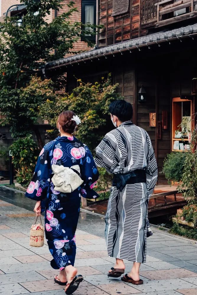 Couple wearing kimonos in Kawagoe, Saitama Prefecture