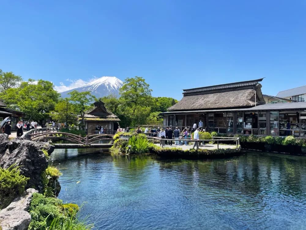 Large pond in Oshino Hakkai with Mt Fuji in the background in Kawaguchiko, Shizuoka Prefecture