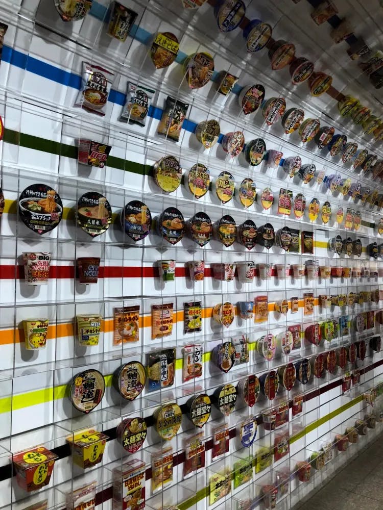Display of cup noodles at the Cup Noodle Museum in Yokohama, Kanagawa Prefecture