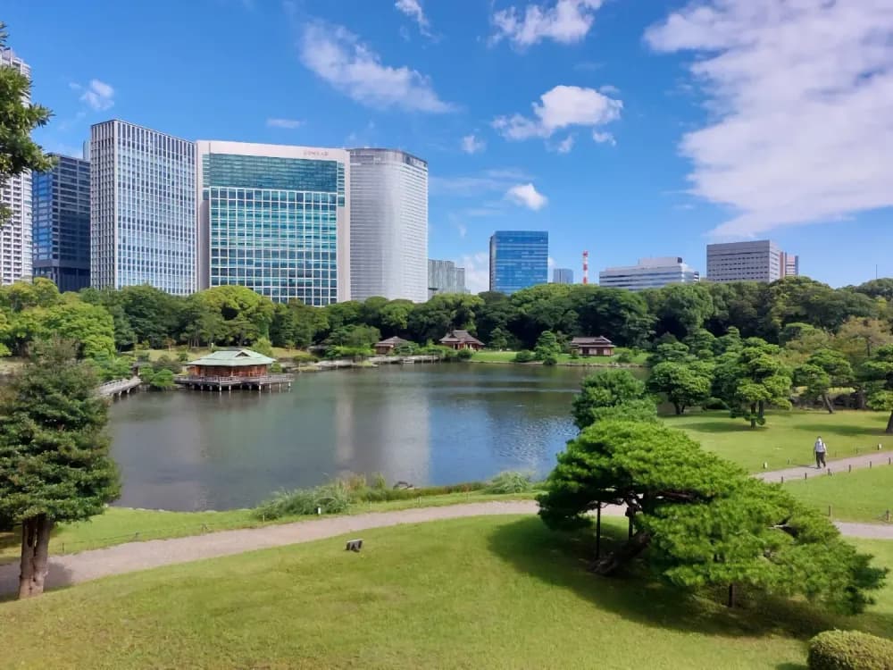 Pond in Hamarikyu Gardens in Hamamatsucho, Tokyo