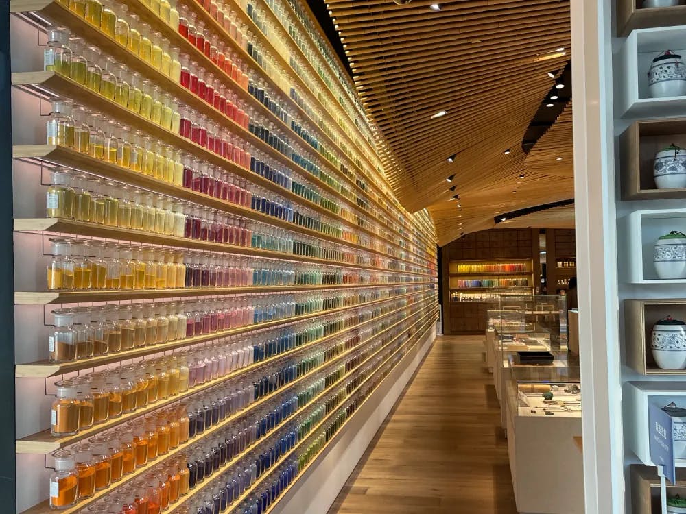 Shelves of paints at Pigment in Tennozu Isle, Tokyo