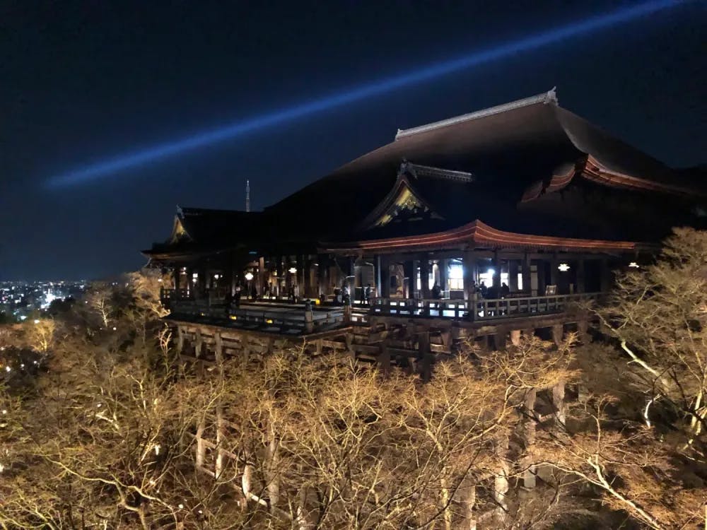 Main temple building at Kiyomizudera at night in Kyoto, Kyoto Prefecture