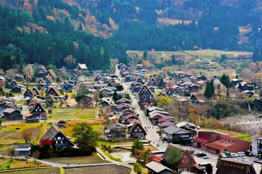 Aerial view overlooking Ogimachi, Gifu Prefecture