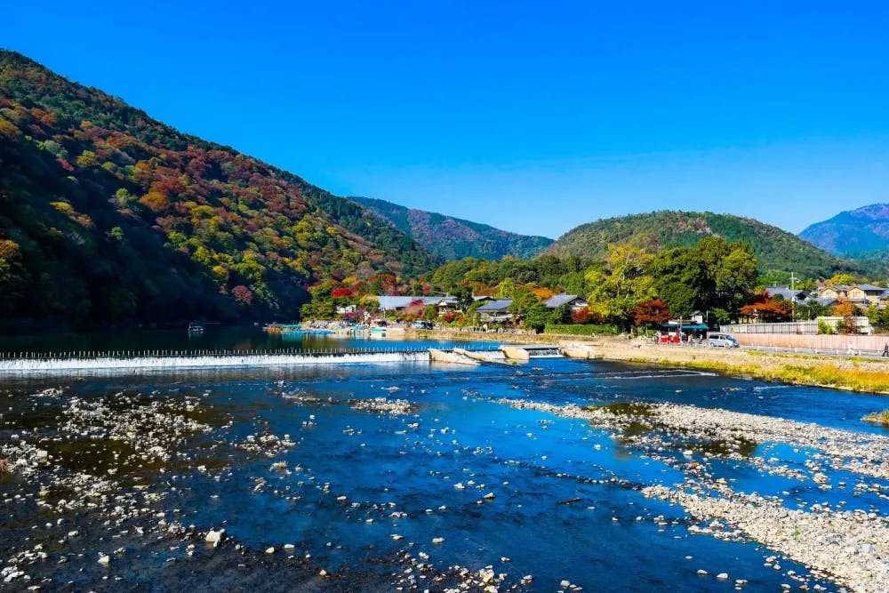 River view in autumn in Arashiyama, Kyoto Prefecture
