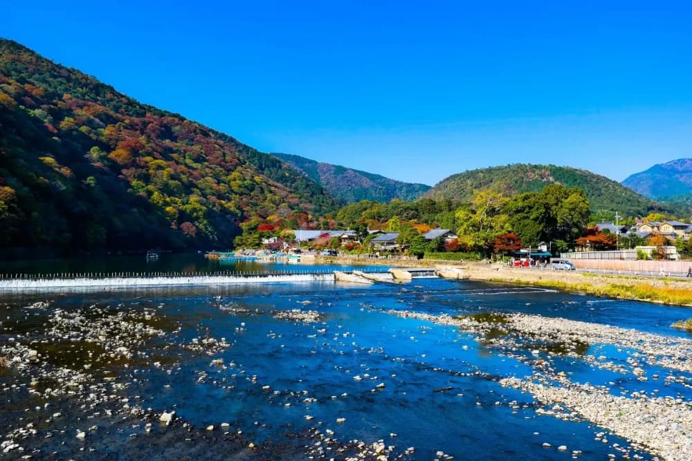 River view in autumn in Arashiyama, Kyoto Prefecture