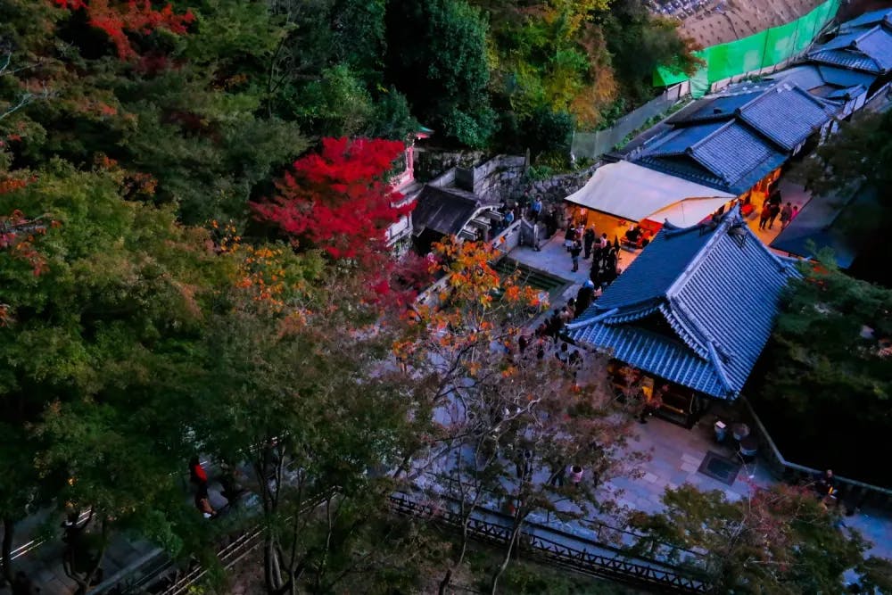 Aerial view of Otowa Falls in Kiyomizudera in Kyoto, Kyoto Prefecture
