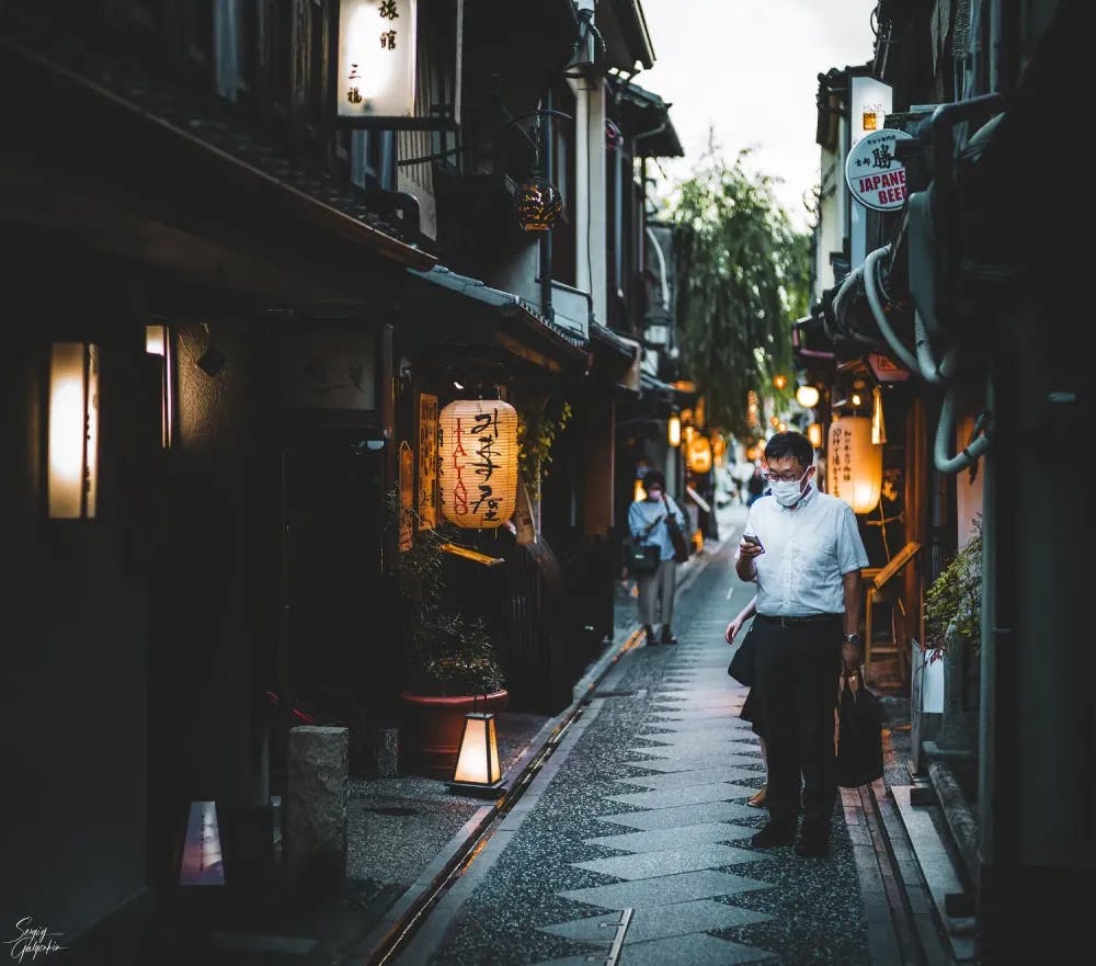 Narrow streets of Pontocho Alley in Kyoto, Kyoto Prefecture