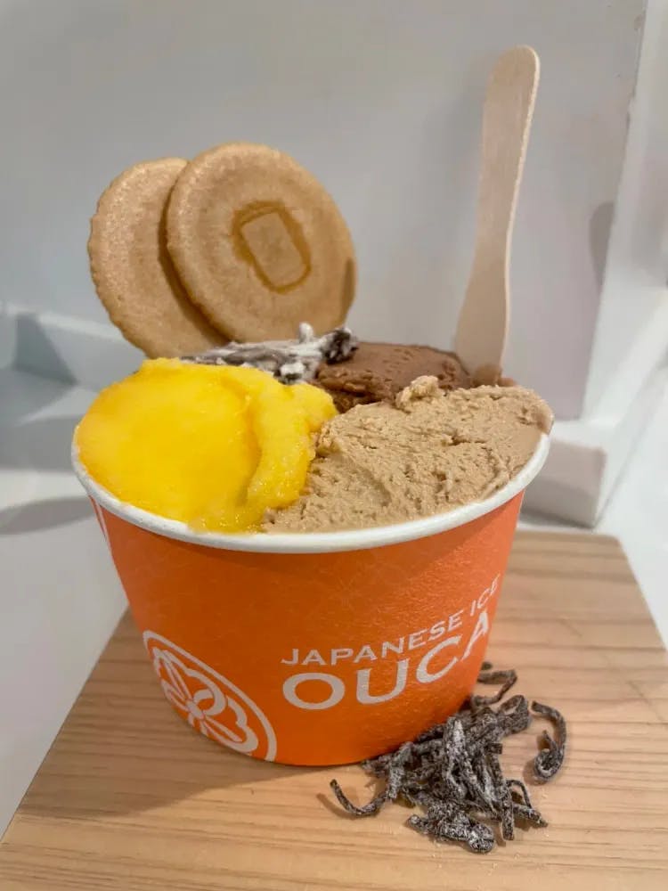 Three scoops of ice cream at Japanese Ice Ouca in Kyoto, Kyoto Prefecture