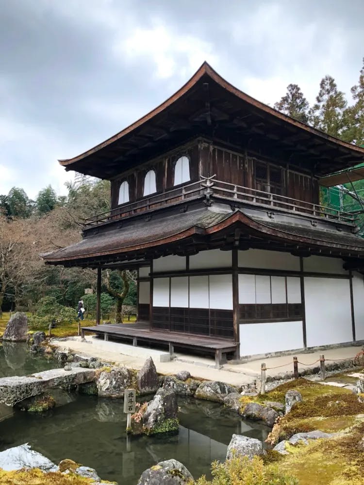 Exterior of the Silver Pavilion overlooking a pond in Kyoto, Kyoto Prefecture