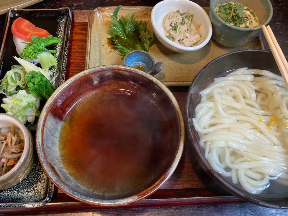 Bowl of hot udon at Omen in Kyoto, Kyoto Prefecture