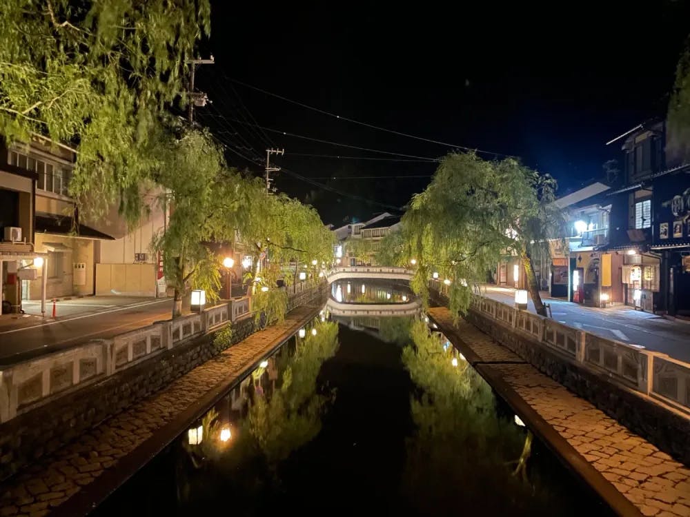 Main canal lined with willow trees in Kinosaki Onsen, Hyogo Prefecture