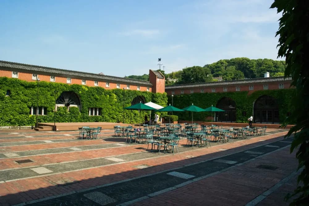 Red brick courtyard of Ivy Square in Kurashiki, Okayama Prefecture