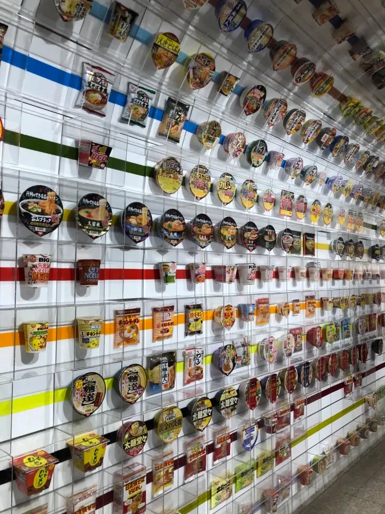 Display of cup noodles at the Cup Noodles Museum in Osaka, Osaka Prefecture